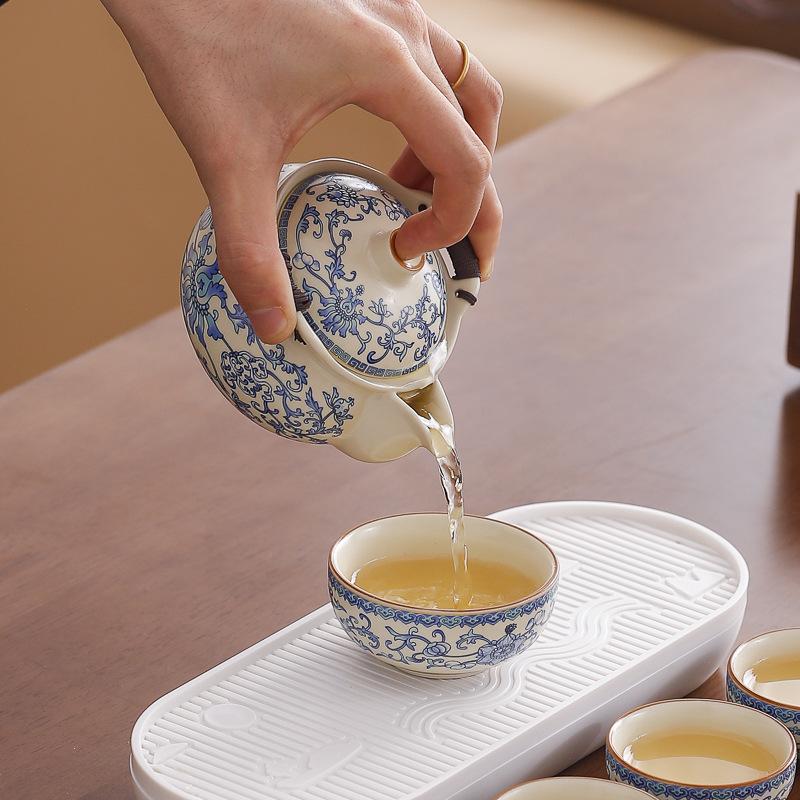Ru kiln travel tea set, one pot and three cups, portable outdoor ceramic express cup, business event souvenir gift to customers