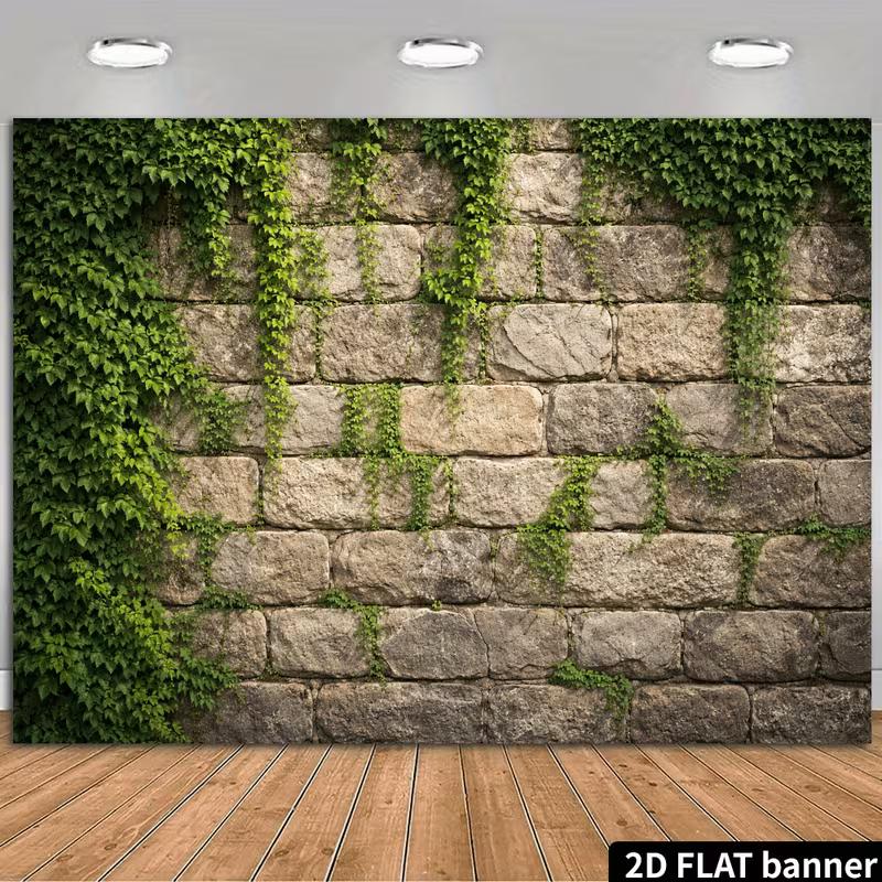 2D Stone Wall Green Ivy Vines Photography Backdrop Vintage Brick Leaf Background Banner