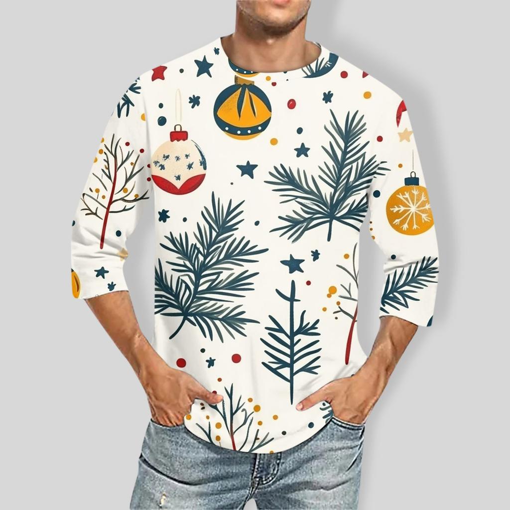 Herren-T-Shirt mit Weihnachtsdruck, Rundhalsausschnitt und Dreiviertelärmeln