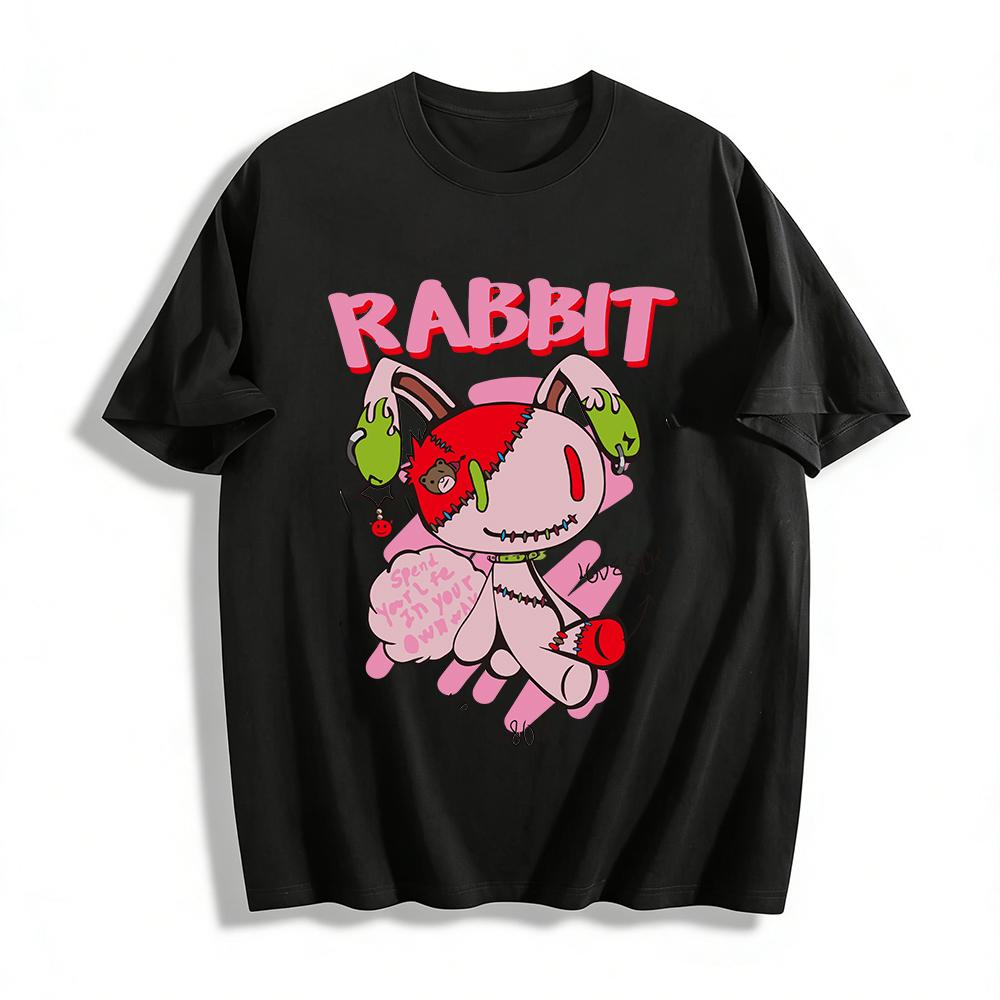Y2K Style Lovesick Stitched Rabbit Print Top Subculture Trendy Loose T-Shirt For Men And Women Pure cotton T-shirt