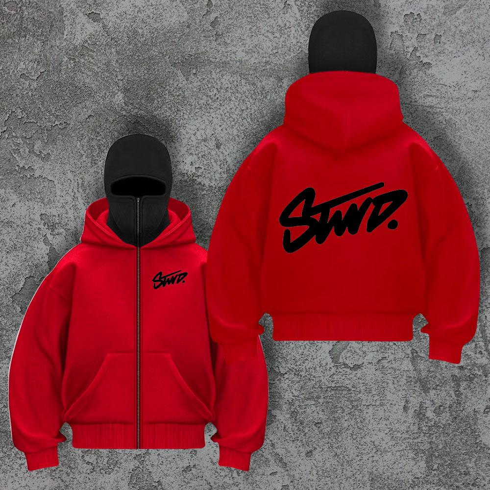 American Casual Sports Jacket Y2K Style Hooded Mask with Double Hood Zipper Design, Outdoor Letter Swd Printed Zipper Sweater