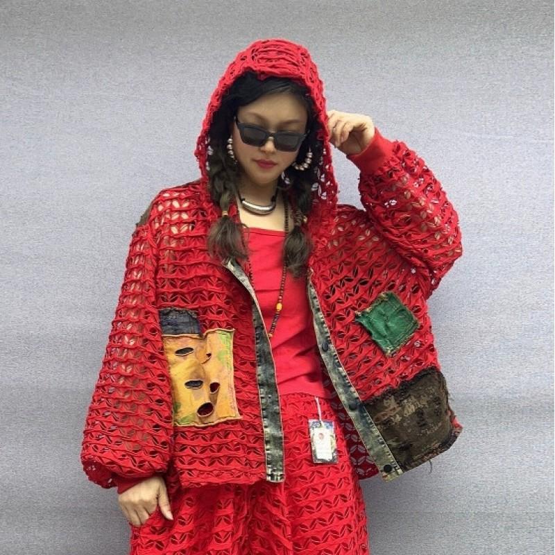 Womens Street Style Denim Patchwork Sunscreen Hooded Cardigan Cropped Pants Set