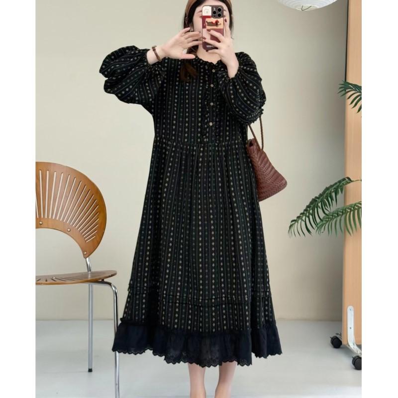 Johnature Jacquard Ruffle Printed Casual Dress Spring Loose Long Pullover Long-Sleeve A-Line Women Dresses