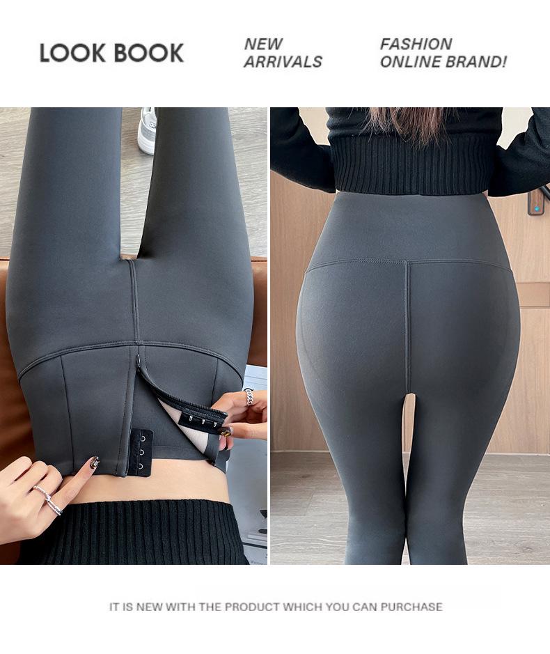 Women's High-Waist Zipper Tummy Control Pants with Shark Skin Texture - Autumn/Winter Velvet Bodycon Base Layer