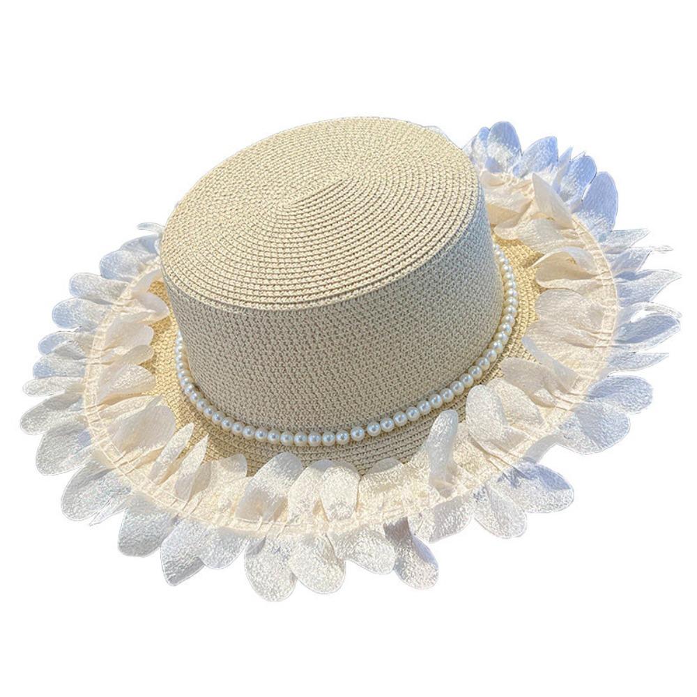 Pearl Trim Straw Sun Hat Petal Lace Lace Sun Hat New Flat Top Hat  for Beach and Daily Wear
