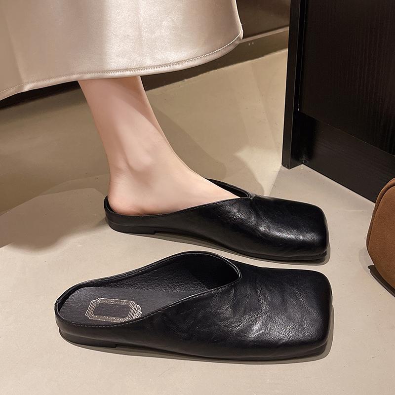 Shoes Slippers Flat Big Size Loafers Square Toe Slides Mules For Women 2025 Cover Retro Flat Shoes Female Big Size Ladies' Slipp