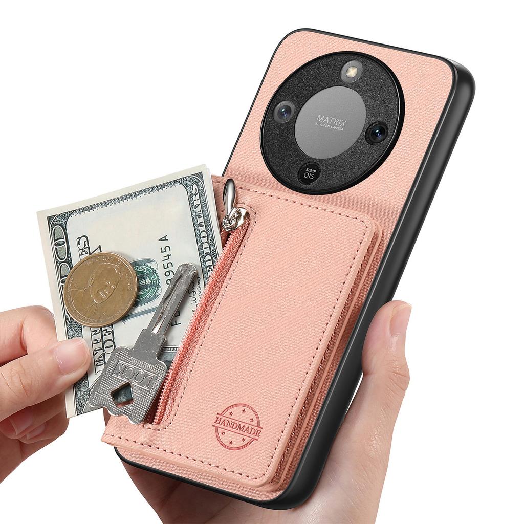 Phone Case For Honor Magic8 Lite 5G / X9d 5G / X70 5G Zipper Card Holder Kickstand Jeans Cloth Texture Leather Back Cover