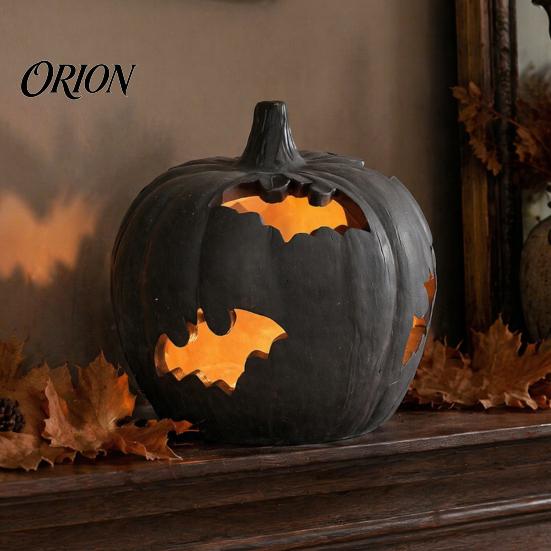 Autumn Festival Decor Halloween Pumpkin Resin Figurine, Bat Hollow Out Lantern with Indoor Outdoor Holiday Props Warm Light, Spooky Home Table