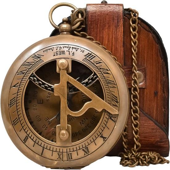 Sundial Compass Width Leather Unique Gift for Men, Handcrafted Brass Pocket Sun Dial, Steampunk Bronze Anniversary Compass Gift
