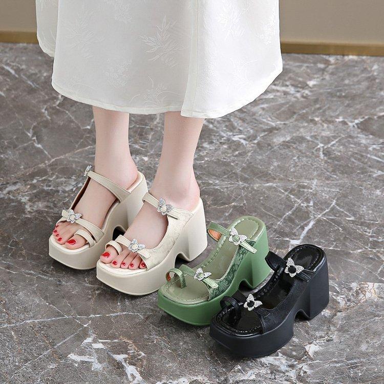 Summer France Style Outside Slim 10 CM High Heels Platform Peep Toe ButterFly Decoration Genuine Leather Women Rome Slippers