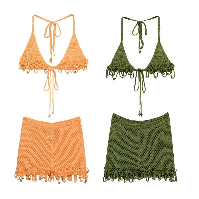 Kaslead New Women Clothes Western Style Handmade Pearl Crochet Top Cami Shorts Set
