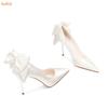 2025 New Arrivals Butterfly Knot Party Dress Pumps Pointed Toe Thin Heels Shoes Slip On Shallow Metal Heels Shoes