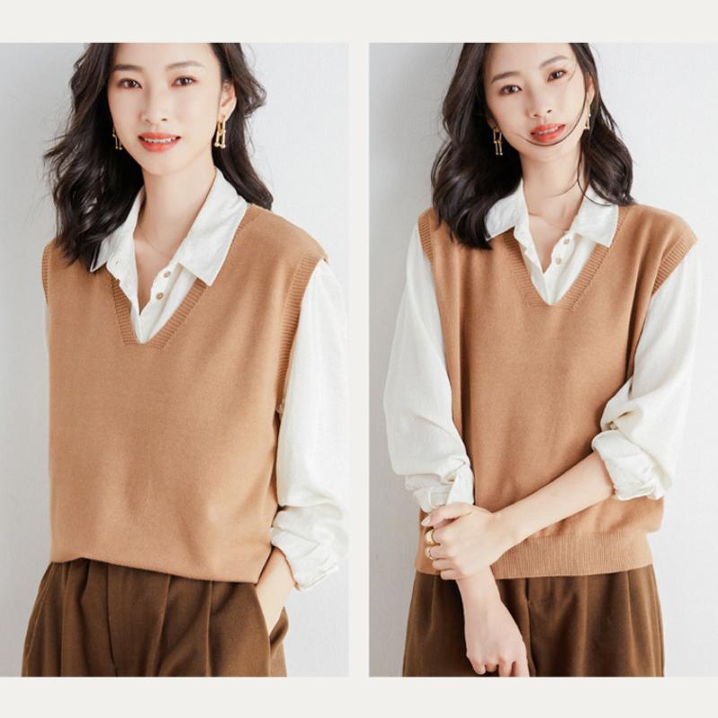 IHUASU Women's Autumn and Winter Loose V-neck Knitted Waistcoat Solid Colour Short Section Sleeve Head Sleeveless Outer Shoulders Vest