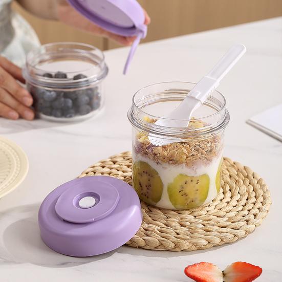 Tragbares Overnight Oats Glas mit integriertem Löffel & Deckel, Auslaufsichere Kunststoff-Frühstückstasse für Salat, Joghurt, Obst, BPA-freier transparenter Behälter
