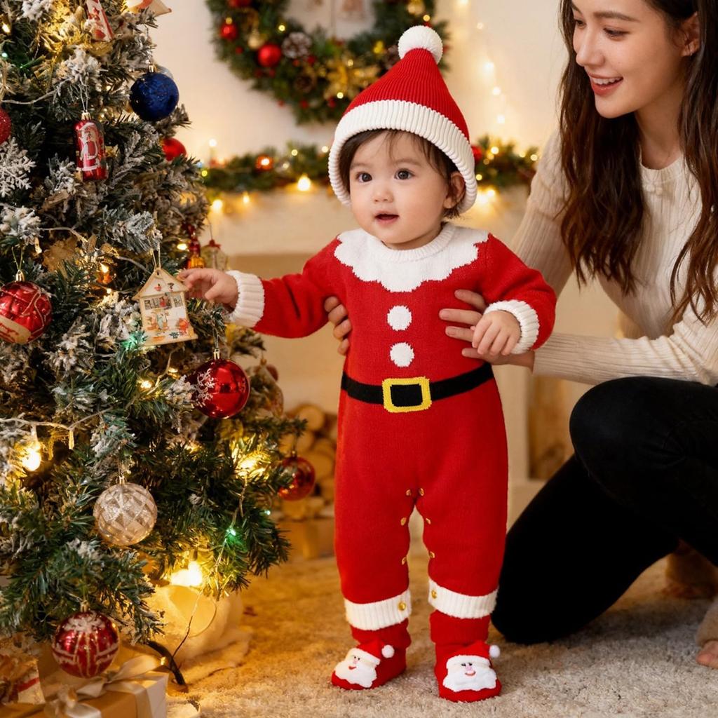 Joyesplay Santa Christmas Baby Santa Claus Cosplay Knitted Soft Santa Baby Costume for Christmas Commemorative Baby Shower Gift Costume, Romper,
