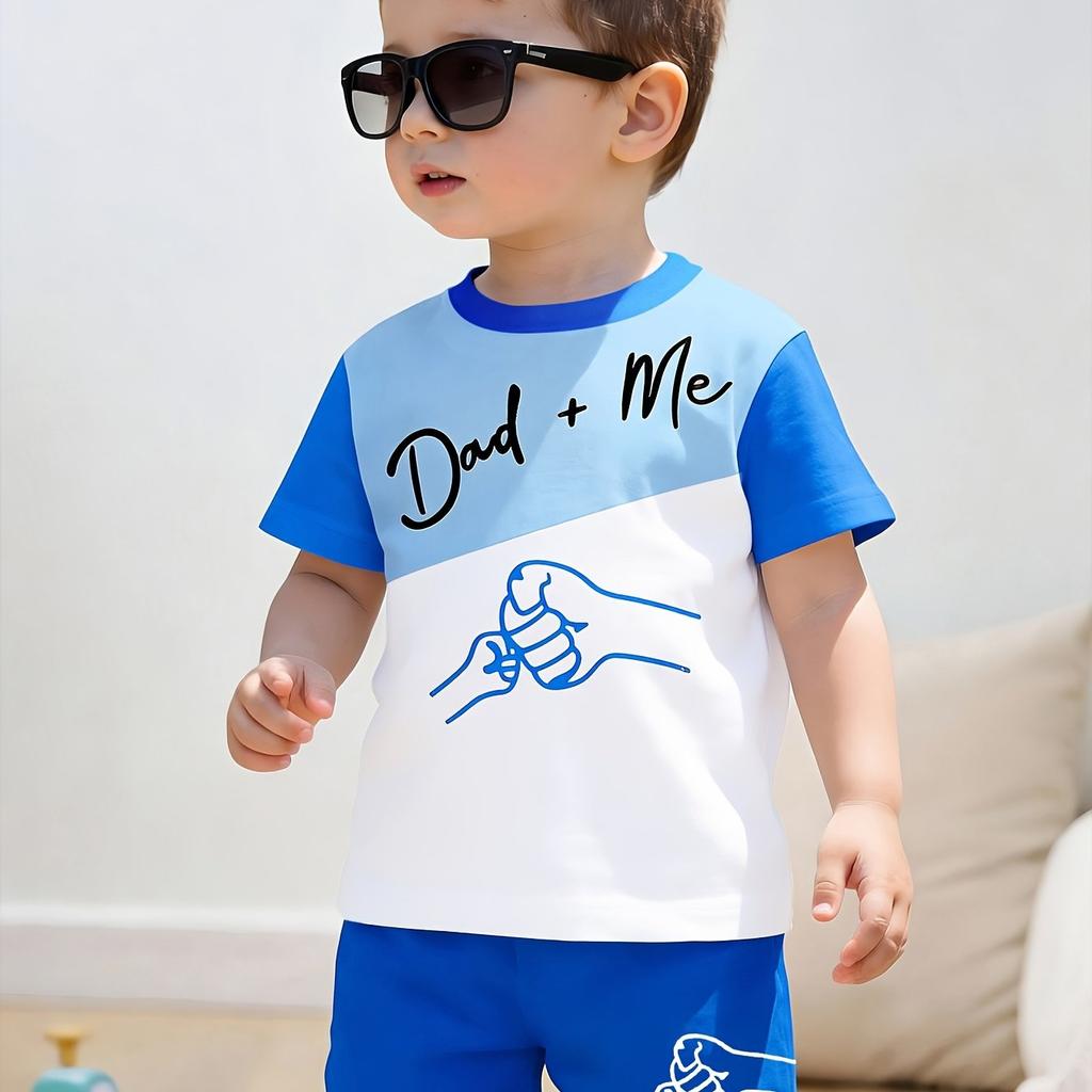 New Summer Boys' Sporty Fashion Color-Block Father & Son Fist Bump Print Round Neck Short Sleeve T-Shirt + Shorts 2pcs Set 2026