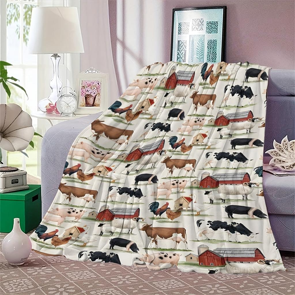 Cute Farm Animal Flannel Blanket - Soft Plush Rustic Style | Versatile for Home/Office/Camping/Sofa/Bed | Decor & Gift