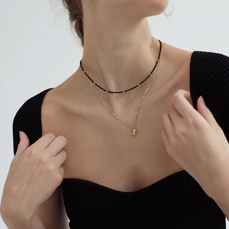 Lavin Schwarzer Spinell Perlen Kristall Edelstein Gold Kugel Halskette