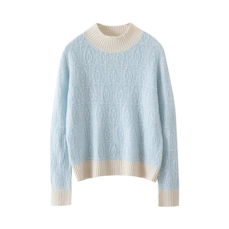 Women's Color Block Cashmere Sweater - Round Neck, Thickened, Loose Fit Knit for Autumn & Winter