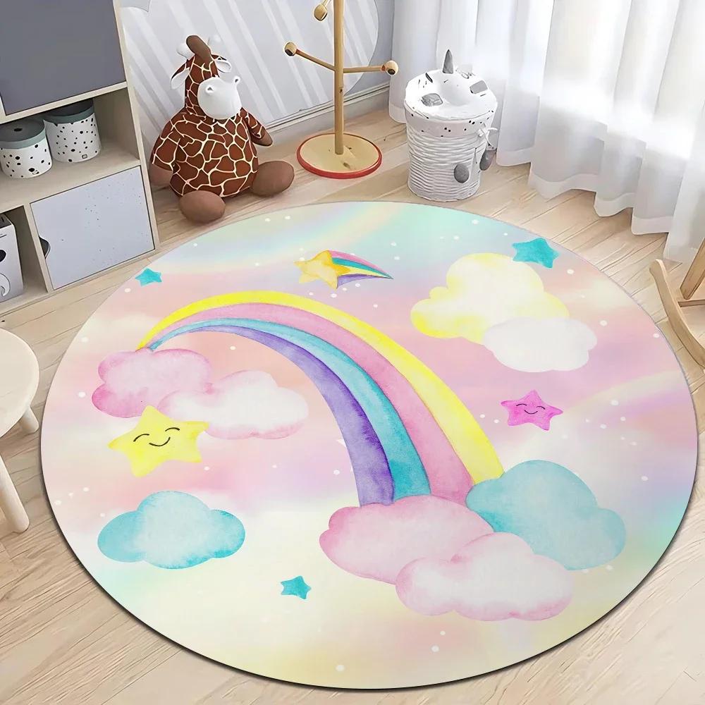 ~O~Rainbow Print Round Rug – Non-Slip Machine Washable Flannel Carpet for Living Room, Kids Play Area & Bedroom