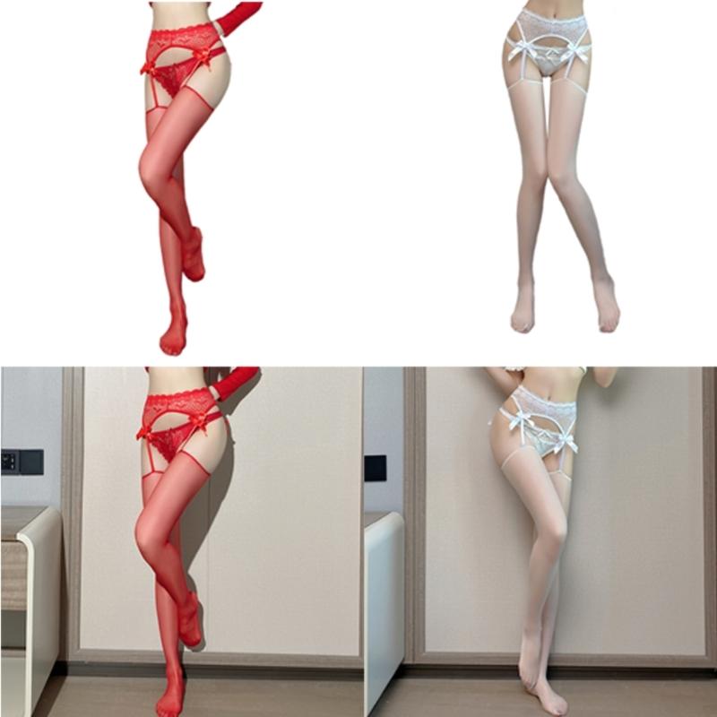 Womens See Through Thigh High Stockings with Garter Belt Lace Top Bowknot Sheer Pantyhose Open Crotch Suspender Tights
