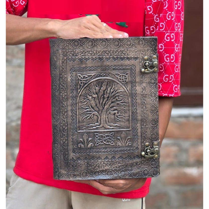 

Tree of Life Leather Journal | Handmade Vintage Notebook with Brass Lock | Large Writing Sketchbook | Embossed Gift for Writers and Artists 13 x 10 in