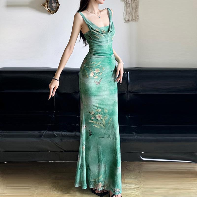 Women's Retro Pastoral Style Butterfly Flower Print Swing Collar Sleeveless Vest Dress Waist Slimming Temperament Royal Sister Dress