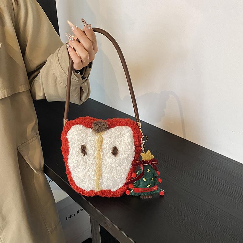 Vánoční kabelka z jehněčí vlny s jablkem, plyšová, roztomilá malá taška, všestranná taška přes rameno