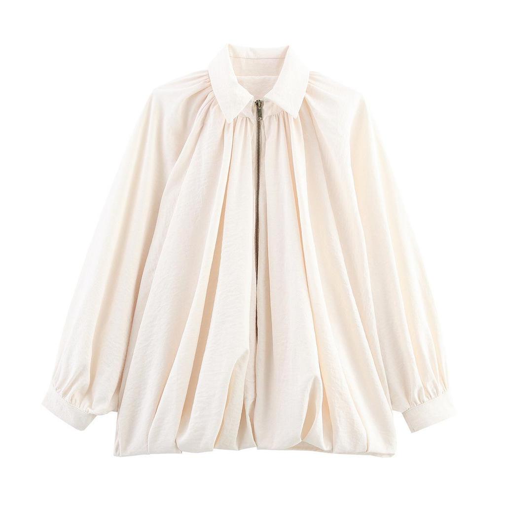 European and American Women's Loose Puff Sleeve Bomber Jacket with Turn-Down Collar