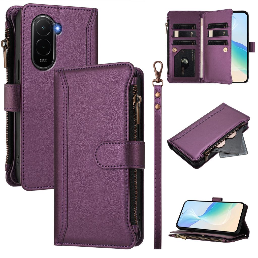 For Xiaomi Poco M7 Plus 5G/M7 4G (169mm) Leather Case 9 Card Slots Zipper Wallet Stand Phone Cover with Wrist Strap