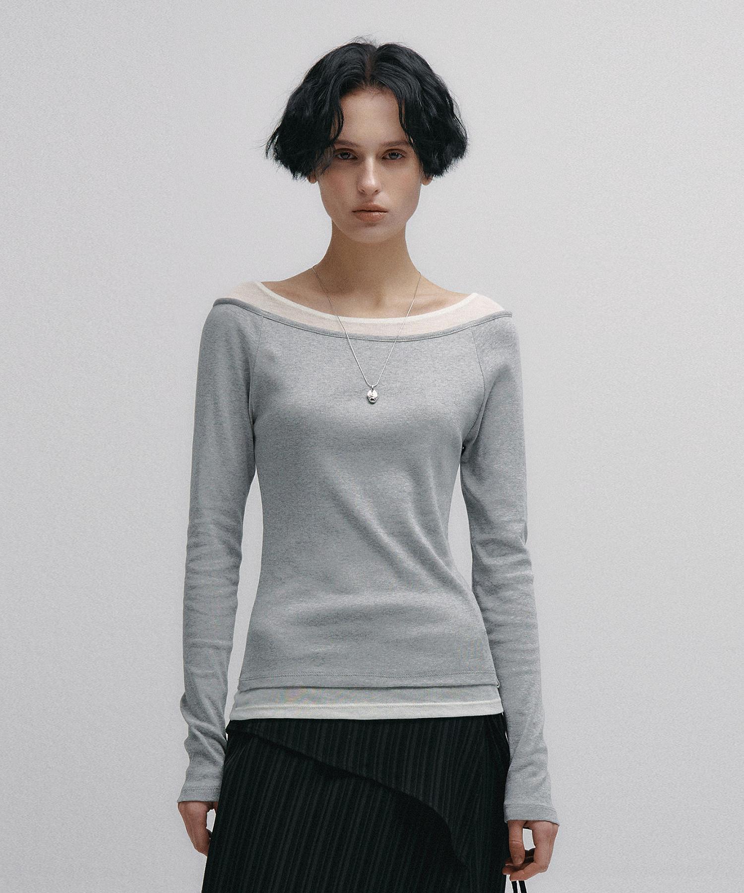 Nive Boat Neck Layered Slim T-Shirt (Gray) Free