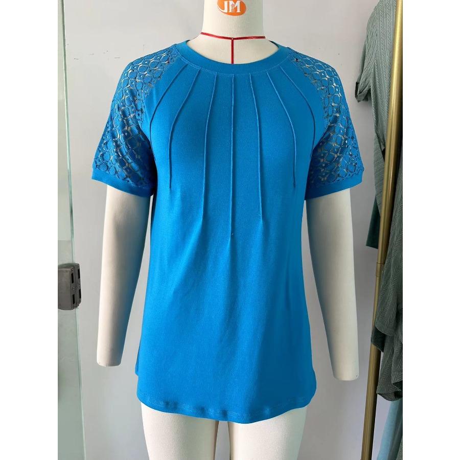 Frühling Sommer Solide Top für Frauen Rundhals Spitze Patchwork Kurzarm T-shirt