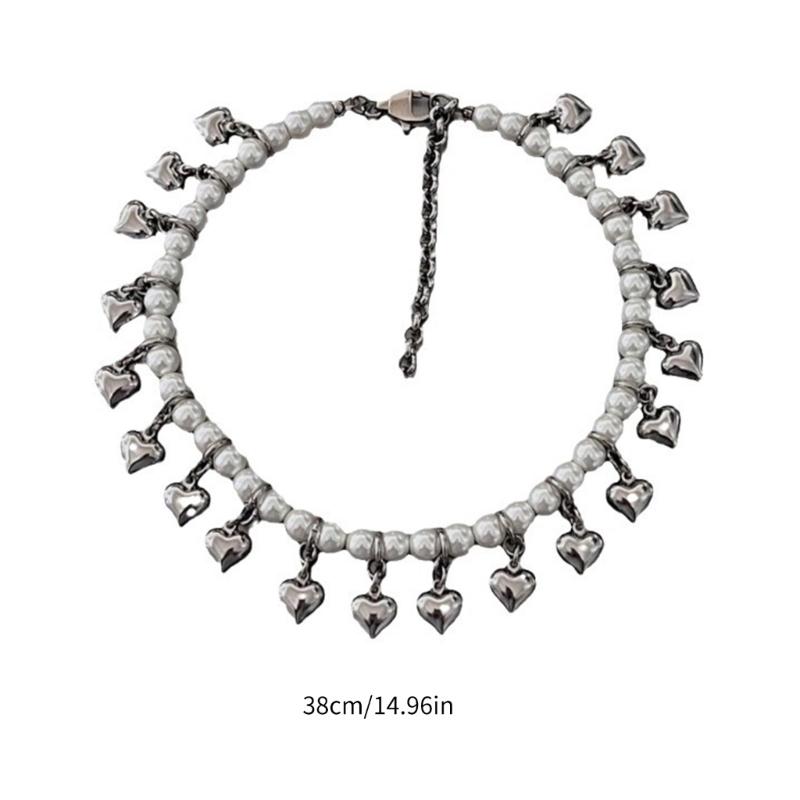 Fashionable Heart Pearls Necklace Handmade Adjustable Neckchain Stylish Clavicle Chain for Women Girls Elegant Choker
