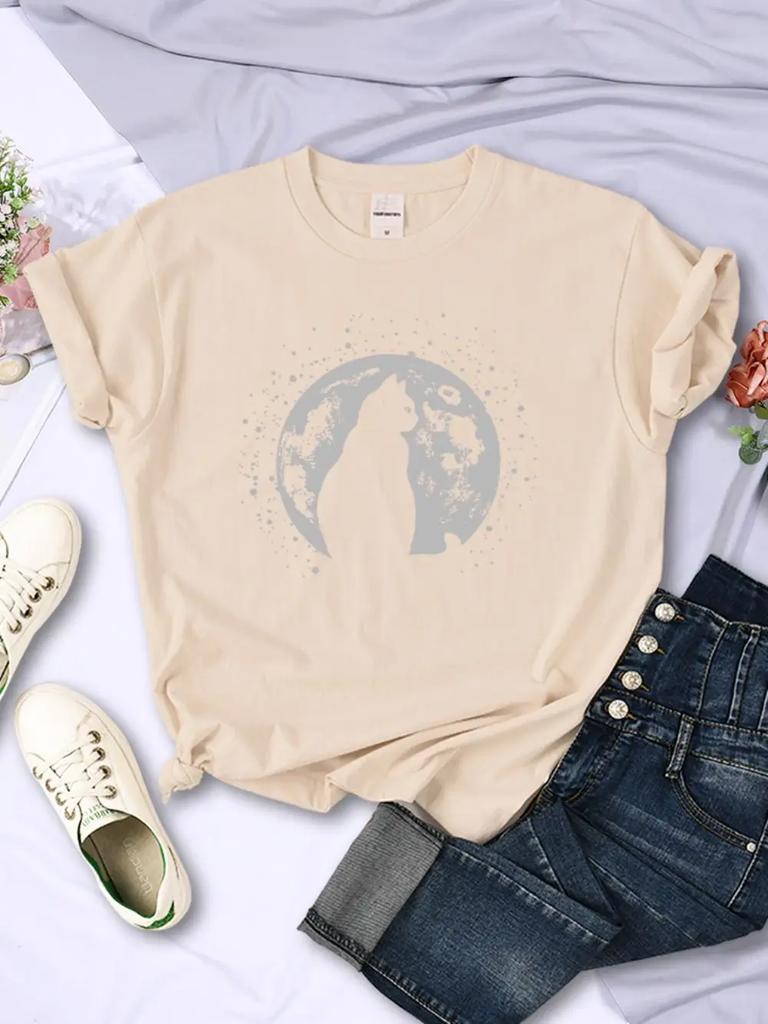 Casual Womens TShirts Moon And Cat Silhouettes Prints Short Sleeve Soft ONeck Comfortable Tops Summer Cartoons FeUnisex Clothes