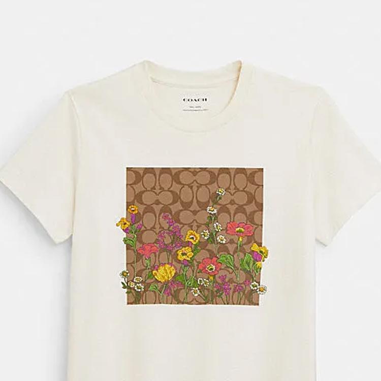 Coach Ss24 Logo Floral Print Round Neck Short Sleeve T-Shirt Women Tops White CQ777-WHT