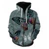 Mens Hooded Zip-Up Sweatshirt With 3D Butterfly Print Stand-Up Collar Front Patch Pockets Loose Fit Fall Casual Wear