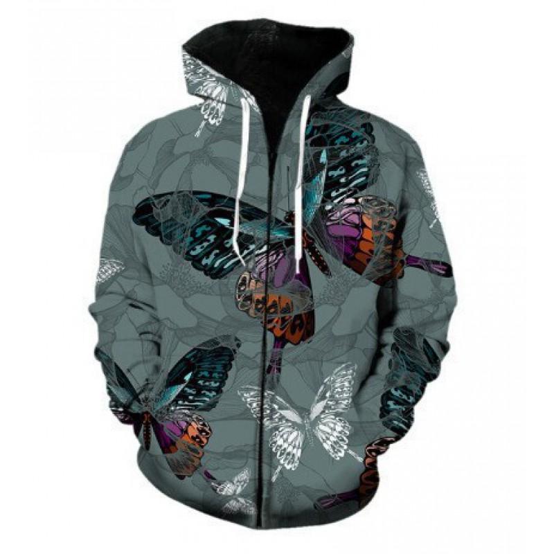 Mens Hooded Zip-Up Sweatshirt With 3D Butterfly Print Stand-Up Collar Front Patch Pockets Loose Fit Fall Casual Wear