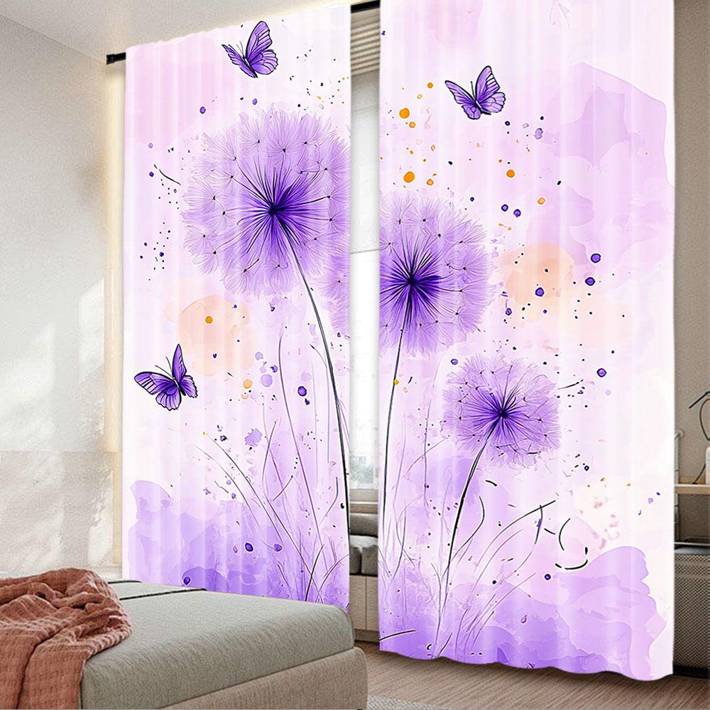 2Pcs Dandelion Curtains Butterfly Rustic Farmhouse Curtains For Adults Purple Gradient Romantic Suitable For Living Room Bedroom