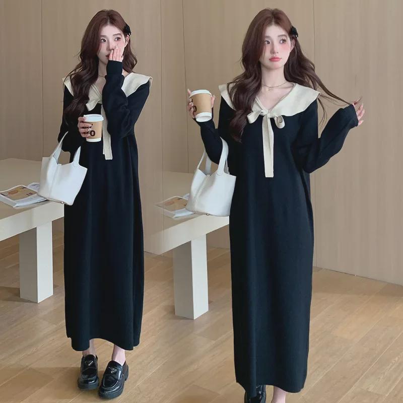 Korean Style Loose Knit Sweater Dress with Lotus Leaf Collar for Pregnant Women