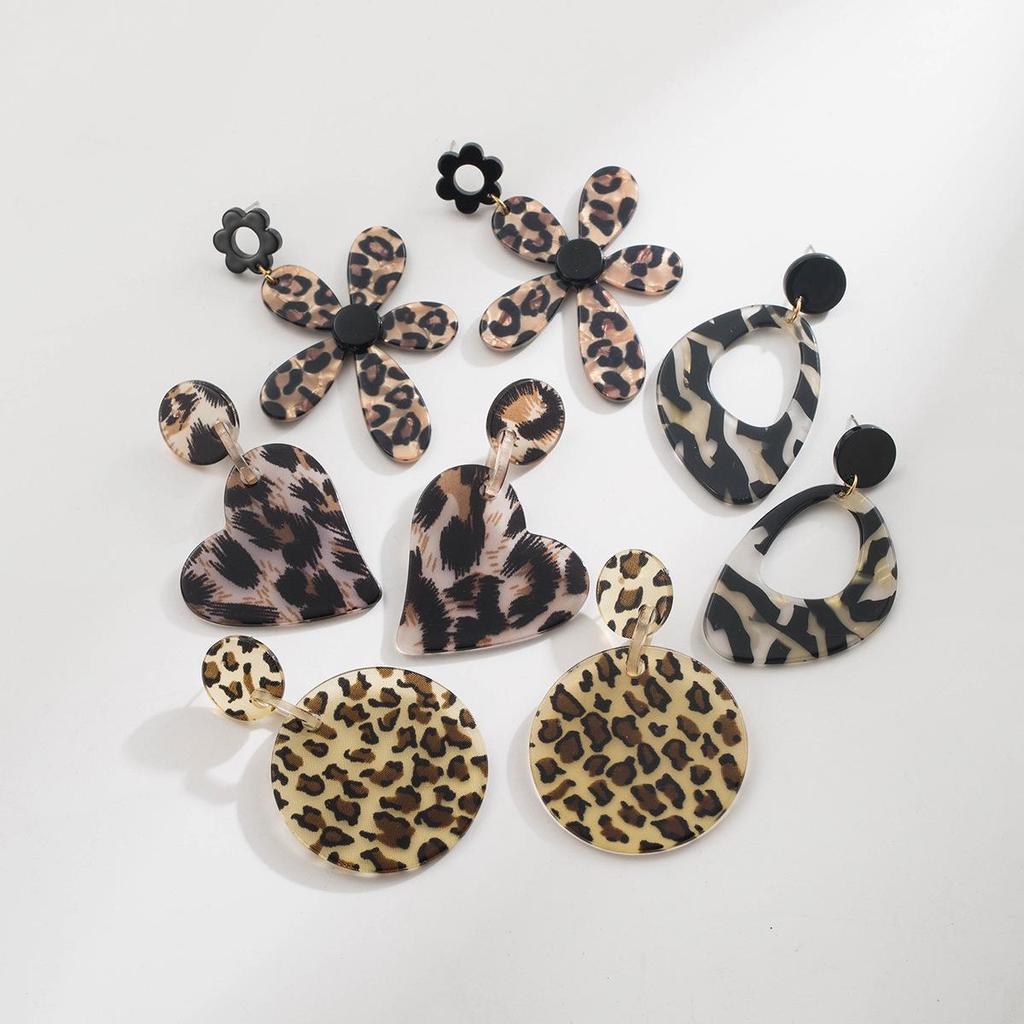 Retro Geometric Leopard Print Pendant Earrings - Brown Heart Flower Fashion Accessories