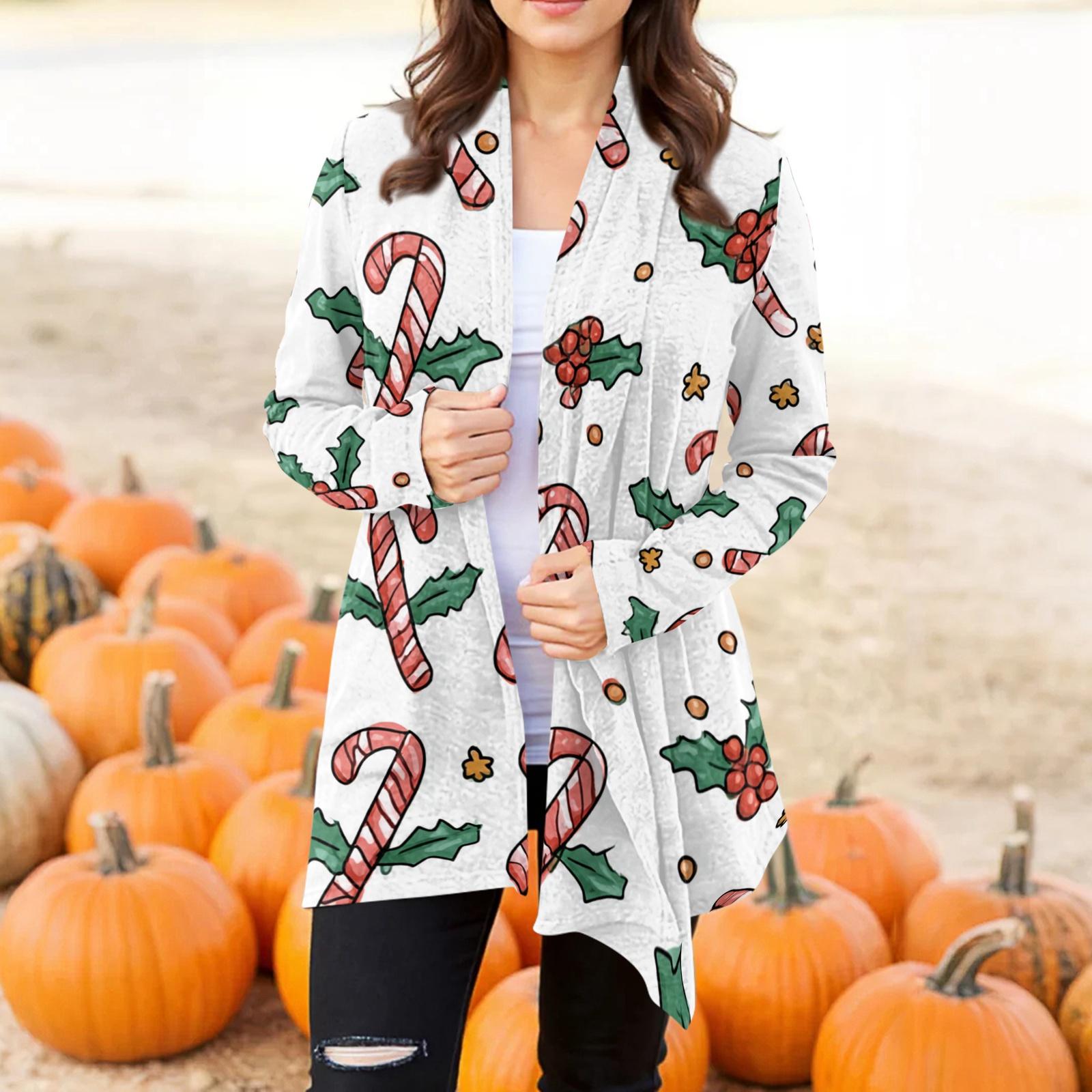 

Women s Fashion Casual Christmas Printed Mid-Length Irregular Hem Cardigan Jacket XL