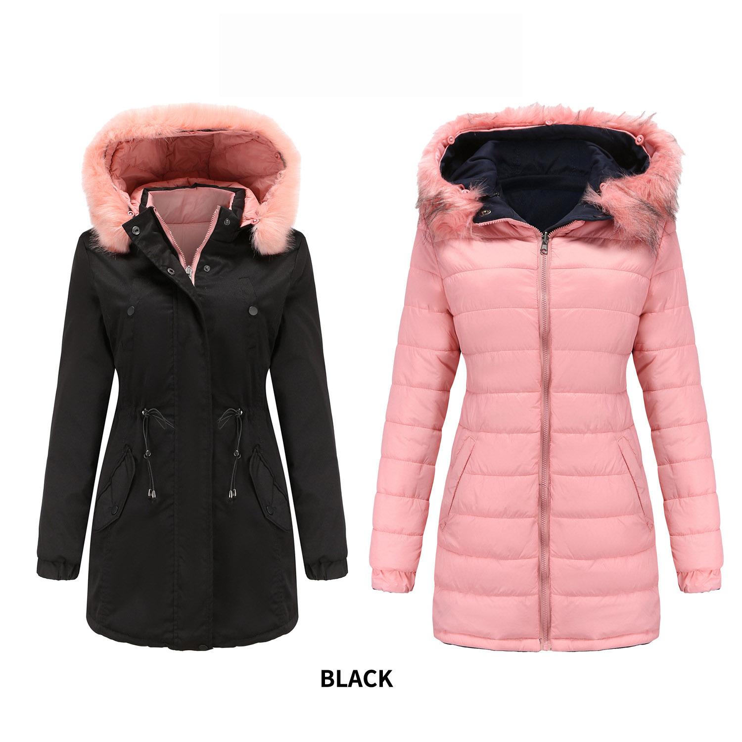 

Осень-зима женская двусторонняя съемная меховая воротник съемная шапка стеганая теплая парка S-3XL L