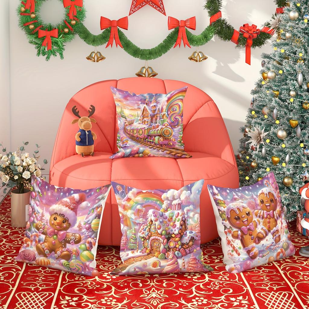 Christmas Decoration Pillowcase Cute Gingerbread Man Color Candy House Pillow Cover Suitable for Home Room Sofa Cushion Cover