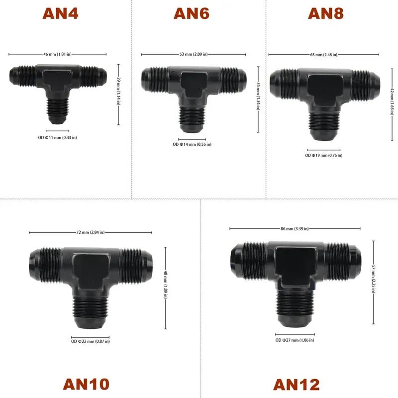 AN4 AN6 AN8 AN12 AN10 Male Flare With Female Tee Adaptor Union Fuel Hose Fitting 3 Ports T Pipe Connector Splitter Aluminum