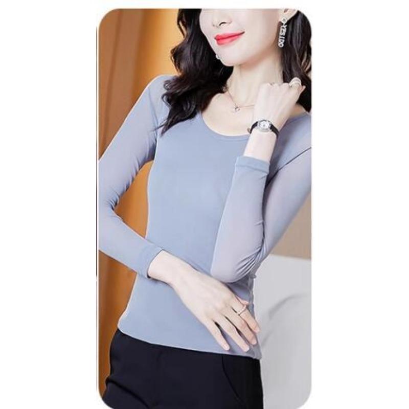 

Базовая рубашка с круглым вырезом. Осень. Новый тонкий и универсальный пуловер с сетчатым внутренним топом для женской футболки Temperament. 3XL