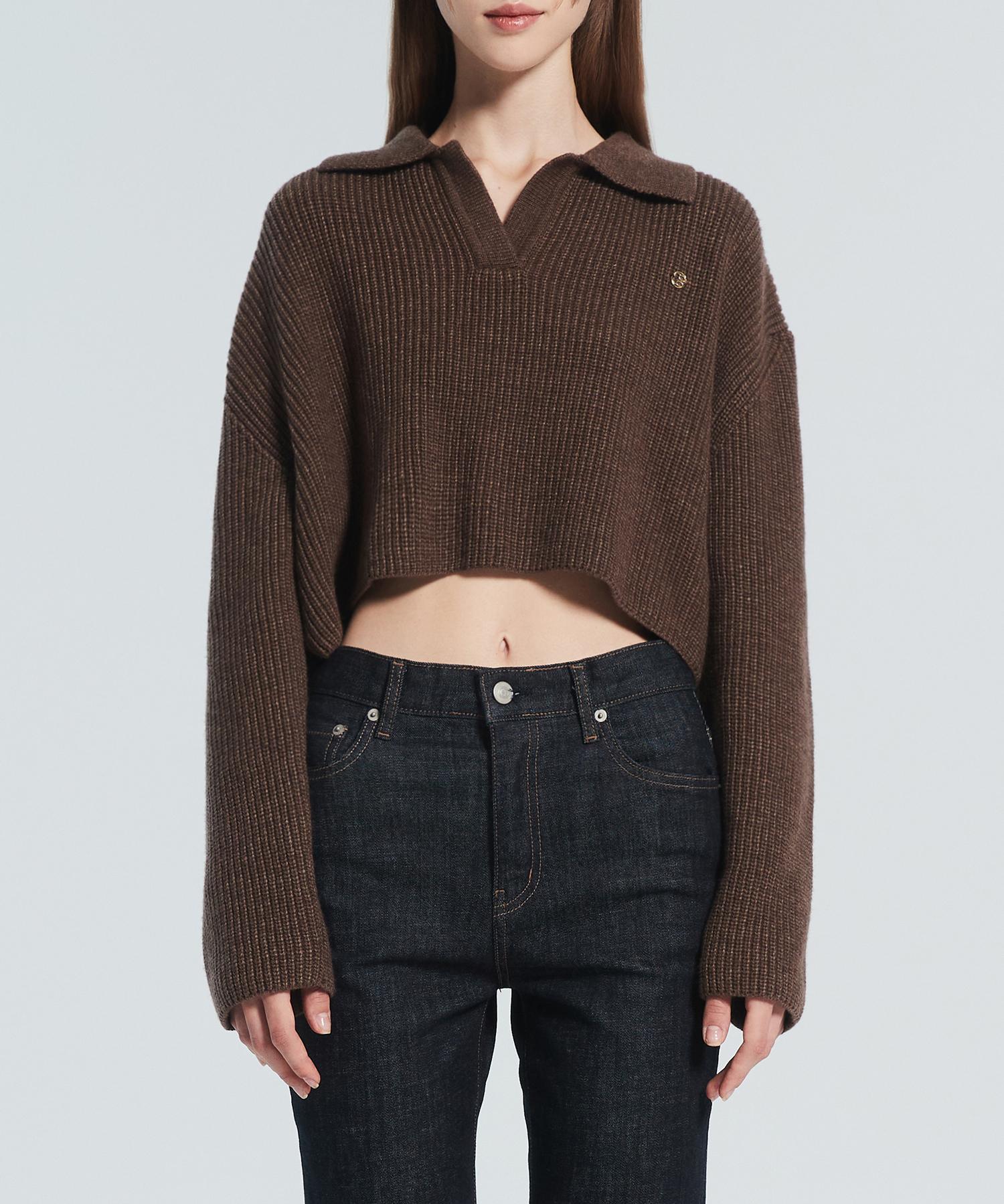 Lacleir Ra Logo Collar Crop Knit [Brown] Free