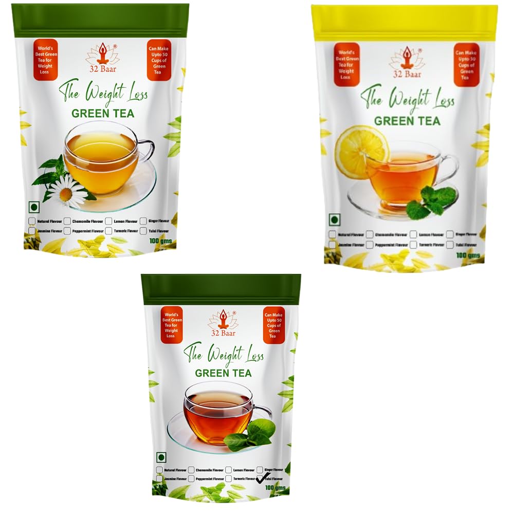 32 Baar Chamomile & Lemon & Tulsi Flavoured Tea Combo | Herbal Infusion Green Tea Leaves | Relaxing & Refreshing | Perfect for Stress Relie