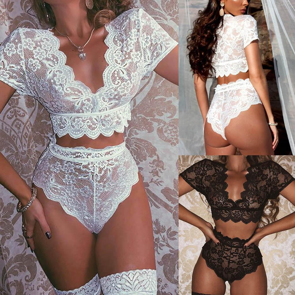 Damska seksowna koronkowa bielizna V-neck Biustonosz Stringi z krótkim rękawem Top Bielizna Zestaw S-3XL