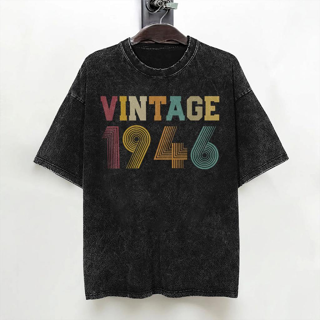 80th Birthday Born 1946 80 Year Old T Shirt Washed 100 Cotton Oversize TShirts Fashion for Men Women Streetwear Printed Tees