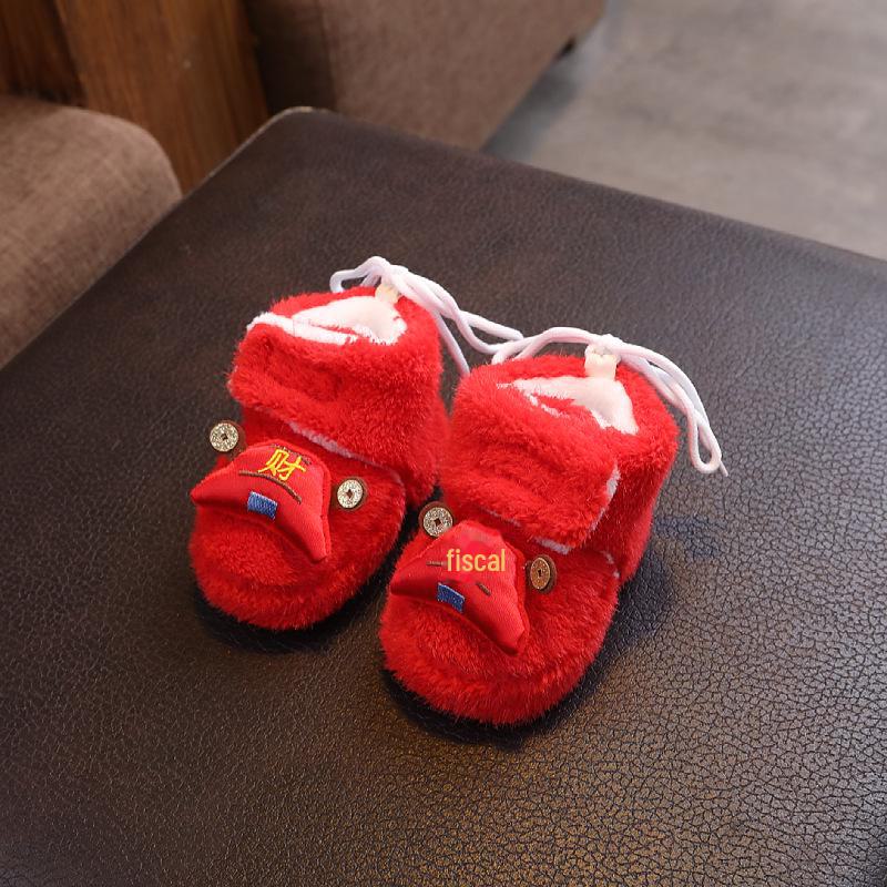 Velvet-Lined Non-Slip Red Baby Snow Boots: Sizes 0-1 Year, Thickened for Autumn/Winter